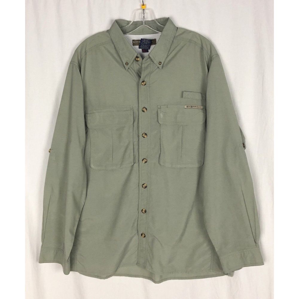 Exofficio Adventure Button Down Shirt Mens M Green Vented Fishing Roll‎ Tab